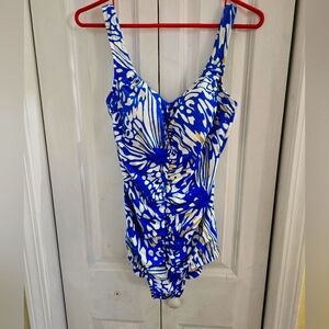 Maxine of Hollywood Blue White & Gold Patterned Swimsuit Size M